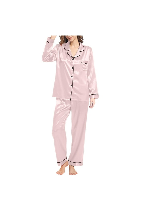 Clothing Women's Pajama Sets Pink Womens Silk Like Pajamas Long Sleeve Set Two Piece Sleepwear Button Down Nightwear Loungewear Sets