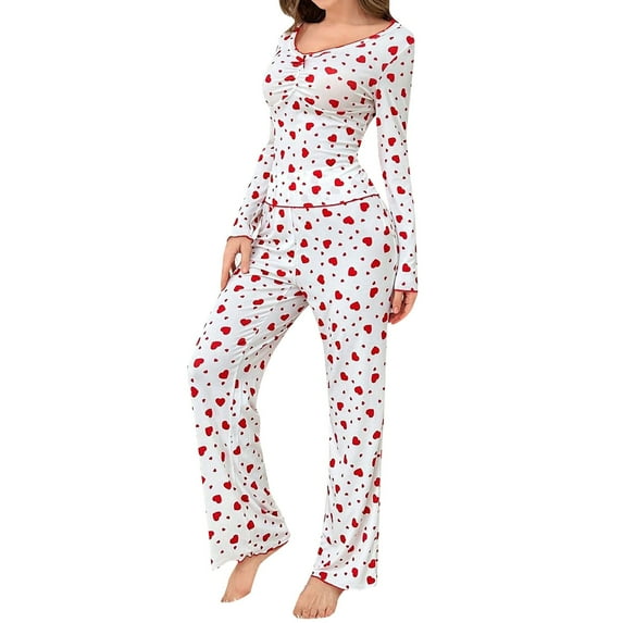 Lxkfashion Long Sleeve Pajama Set Cute Heart Print Shirt with Long Pants Set Soft Comfy Sleepwear Nightwear Valentine's Gift Idea