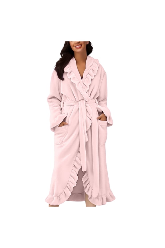 Robe for Women Cute Ruffle Plush Soft Long Sleeve Robes Fluffy Warm Fleece Long Bathrobe with Pockets Pink