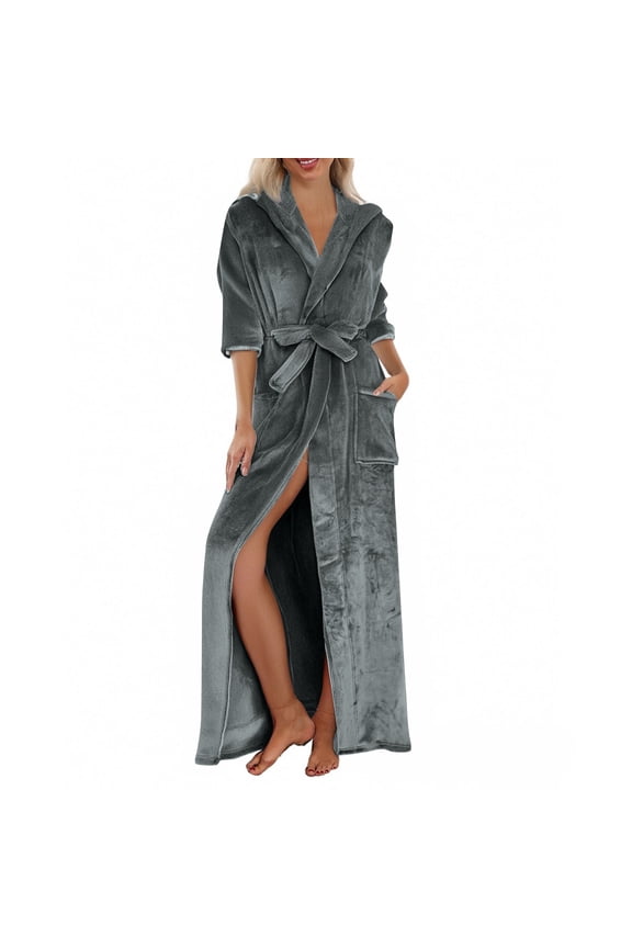 Terry Cloth Robes for Women Winter Plush Lengthened Shawl Bathrobe Home Clothes Long Sleeved Robe Coat Soft Lightweight Gray