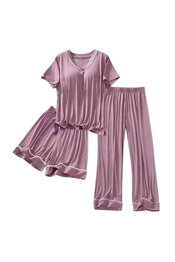 Under $10 Dark Purple Women's Pajama Sets Short Sleeve Three-Piece Pjs Crew Neck Tops & Capri Pants Lounge Sets L