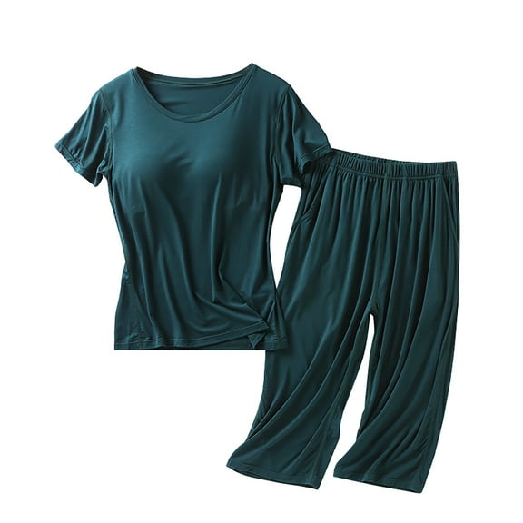 Lxkfashion Under $10 Green Womens Pajama Sets Cotton Pj Set Short Sleeve Top With Capri Pants Sleepwear 2 Piece Lounge Set L