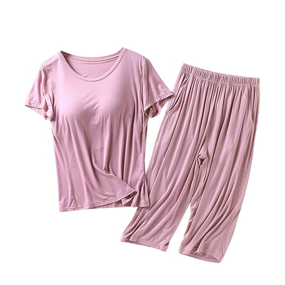 Lxkfashion Under $10 Pink Womens Pajama Sets Cotton Summer Pjs Tops with Capri Pants Sleepwear XL