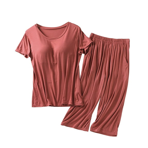 Lxkfashion Under $10 Red Women Pajamas Sets Loungewear Soft Sleepwear Two Piece Summer Short Sleeve Pjs Capri Pants XXXL