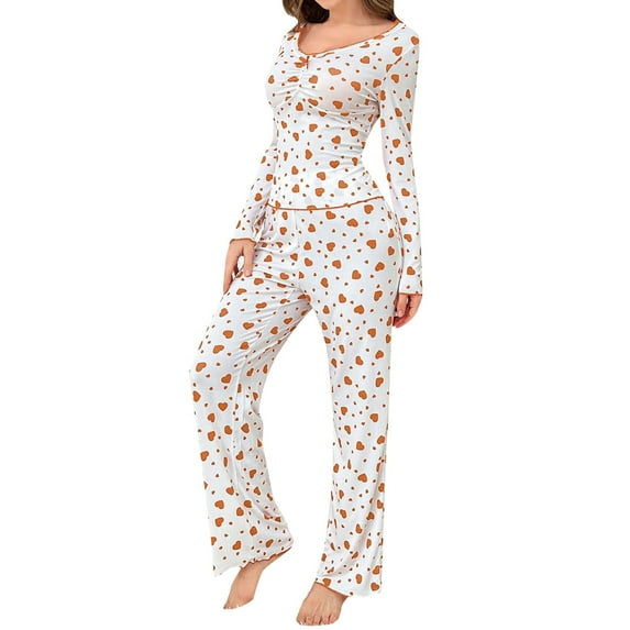 Lxkfashion Women's 2 Piece Lounge Set Long Sleeve Cute Heart Print Shirt with Long Pants Set V Neck Comfy Sleepwear Holiday Pajamas
