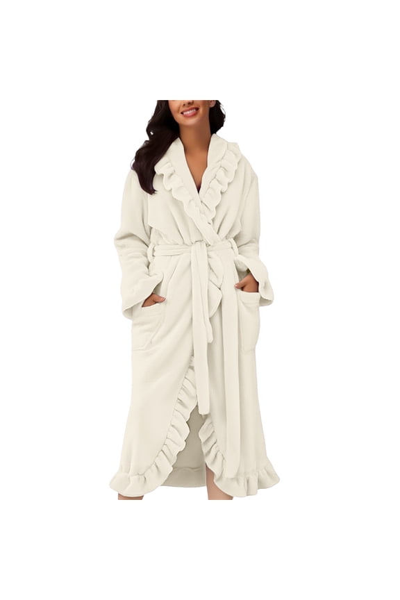 Womens Fleece Hooded Bathrobe Winter Plush Lengthened Shawl Bathrobe Home Clothes Long Sleeved Robe Coat Shower Spa House Long Robe for Women White