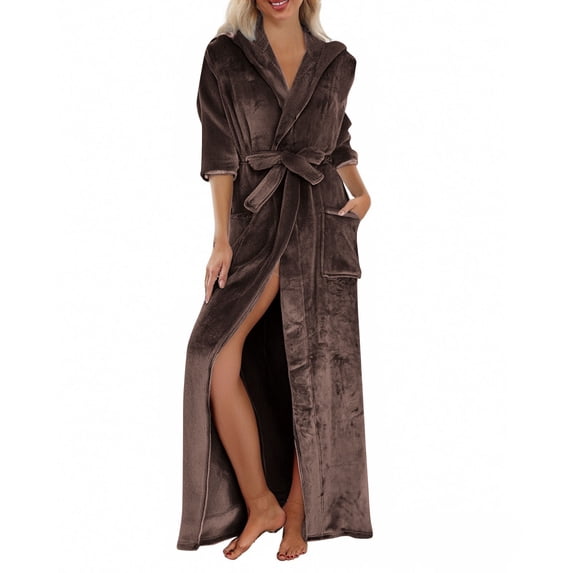 Lxkfashion Womens Plush Soft Robe Winter Plush Lengthened Shawl Bathrobe Home Clothes Long Sleeved Robe Coat Plush Long Spa Robe Brown