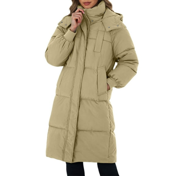 LxrBlank Down Jacket Women Quilted Padded Warm Winter Down Jacket Long Sleeve Cold Weather Long Puffer Jacket Baggy Down Outerwear Womens Jacket Khaki L