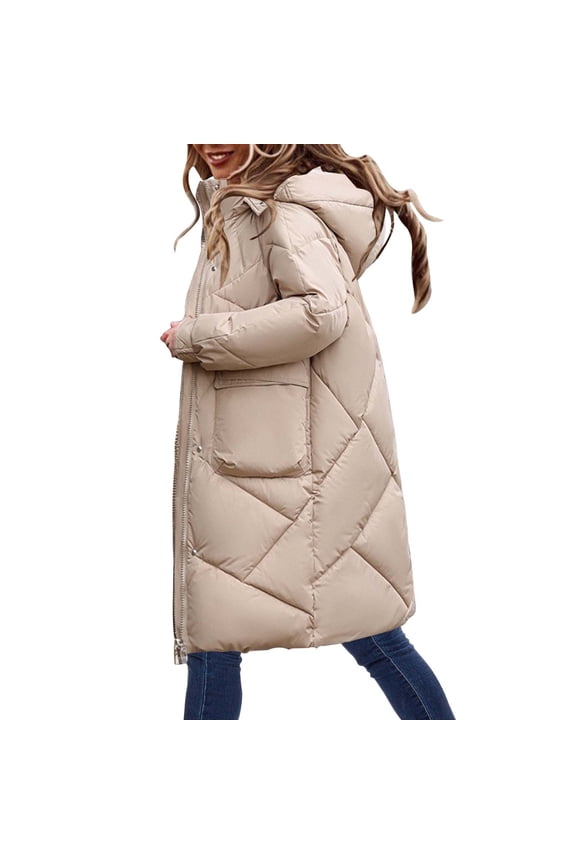 Down Jacket Women Warm Winter Thickened Hooded Down Jacket Zip Up Long Sleeve Long Down Jacket Quilted Padded Baggy Down Outerwear Womens Fleece Jacket Khaki L