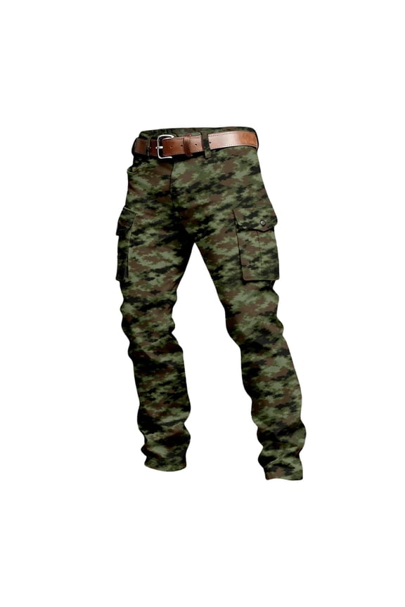 Men Camouflage Cargo Pants Geometric Print Multi Pockets Utility Trousers Retro Workwear Long Slacks L