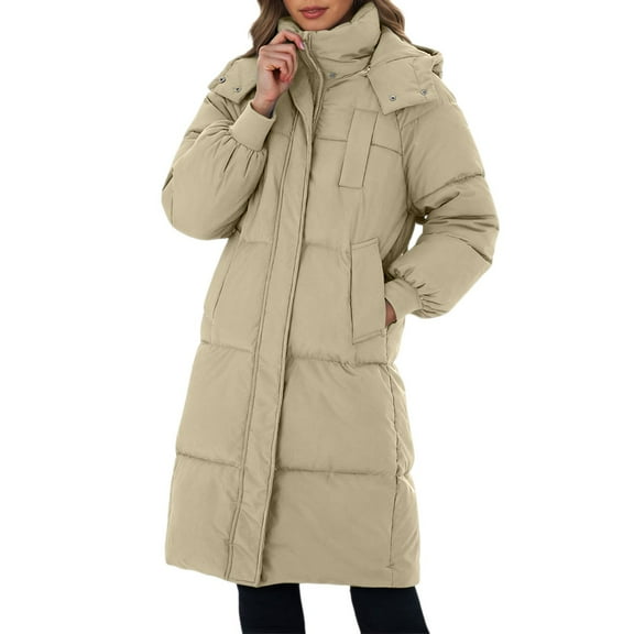 LxrBlank Puffer Jacket Womens Quilted Padded Warm Winter Down Jacket Long Sleeve Cold Weather Long Puffer Jacket Baggy Down Outerwear Winter Jacket Beige L