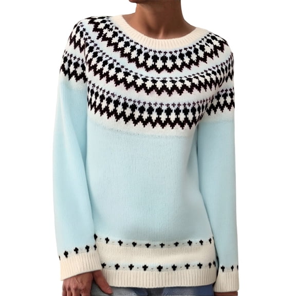 LxrBlank Pullover Sweaters for Women Relaxed Fit Fair Isle Crewneck Long Sleeve Knit Sweater Colorful Jumper Tops Vintage Tops Casual Womens Sweater Sky Blue XL