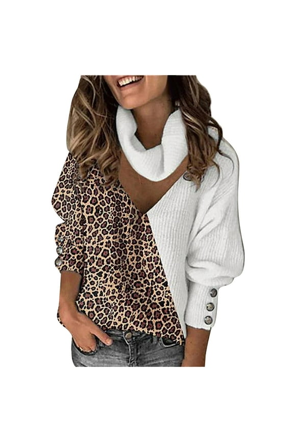 Pullover Sweaters for Women Relaxed Fit Patchwork Long Sleeve Turtleneck Knit Sweater Warm Jumper Tops Casual Sweater Women White S