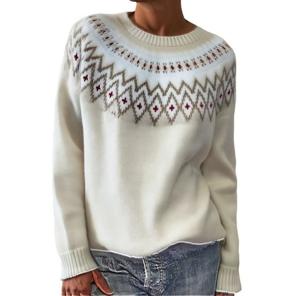 LxrBlank Pullover Sweaters for Women Vintage Fair Isle Roundneck Long Sleeve Knit Sweater Casual Jumper Tops Loose Colorful Ladies Sweaters Beige XL