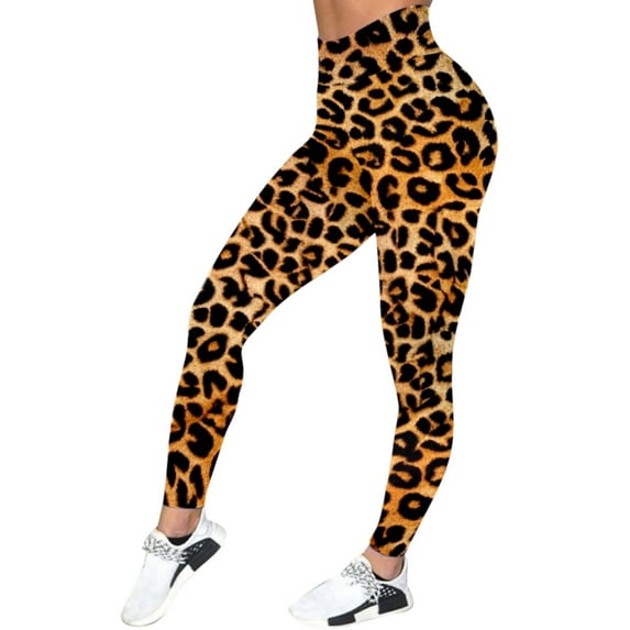 LxrBlank Slim Fit Leopard Print Womens Leggings High Waisted Tummy Control Stretchy Base Layer Pants Fashion Casual Soft Comfortable Solid Color Women's Pants A Gold L