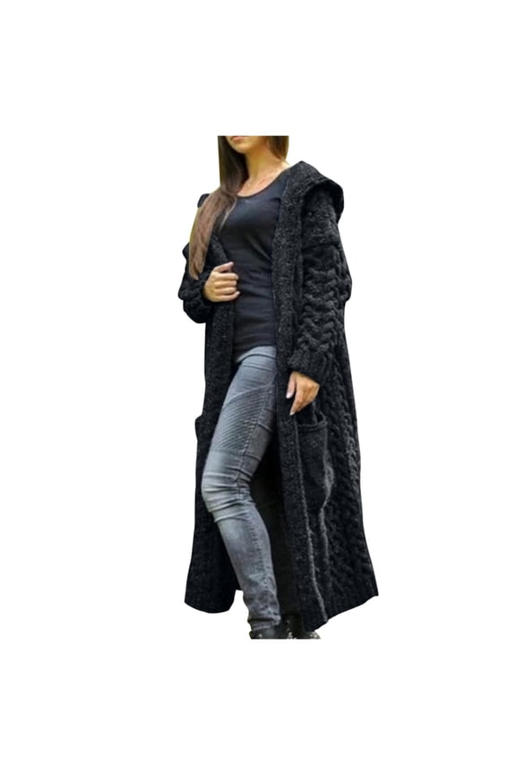 Women Cable Knit Cardigan Sweater Loose Long Hooded Jacket Solid Color Open Front Coat with Pockets L
