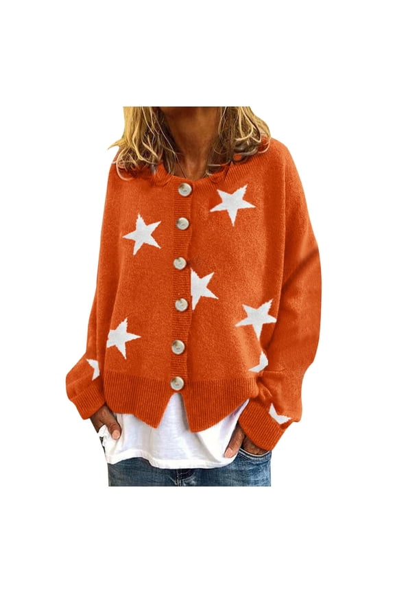 Women Star Print Cardigan Sweater Vintage O Neck Cropped Button Knitwear Loose Casual Pullover Top XXL