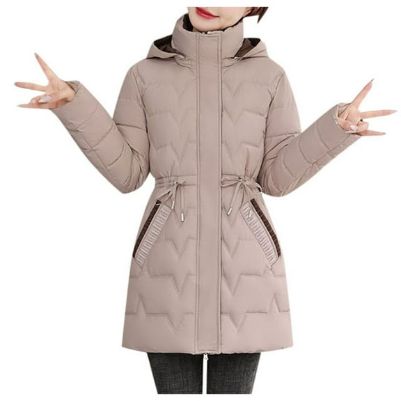 LxrBlank Women's Down Jackets Parkas Relaxed Fit Warm Winter Long Down Jacket Hooded Color Block Quilted Padded Zip Up Heavyweight Coat Womens Jacket Khaki XL