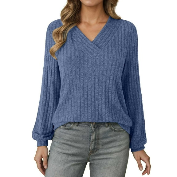 LxrBlank Women's Pullover Sweaters Long Sleeve Knit Sweater V Neck Striped Jumper Tops Casual Loose Womens Fall Sweater Blue XL