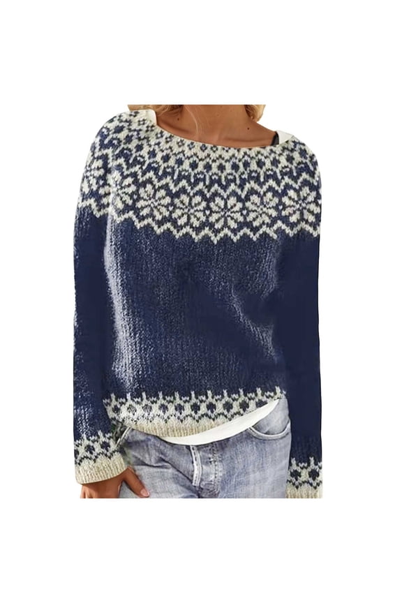 Women's Pullover Sweaters Vintage Roundneck Fair Isle Knit Sweater Long Sleeve Jumper Tops Colorful Loose Sweaters Casual Womens Sweater Blue XL