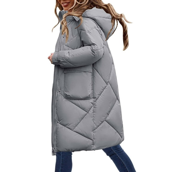 LxrBlank Womens Puffer Jacket Warm Winter Thickened Hooded Down Jacket Zip Up Long Sleeve Long Down Jacket Quilted Padded Baggy Down Outerwear Women Jackets Grey L