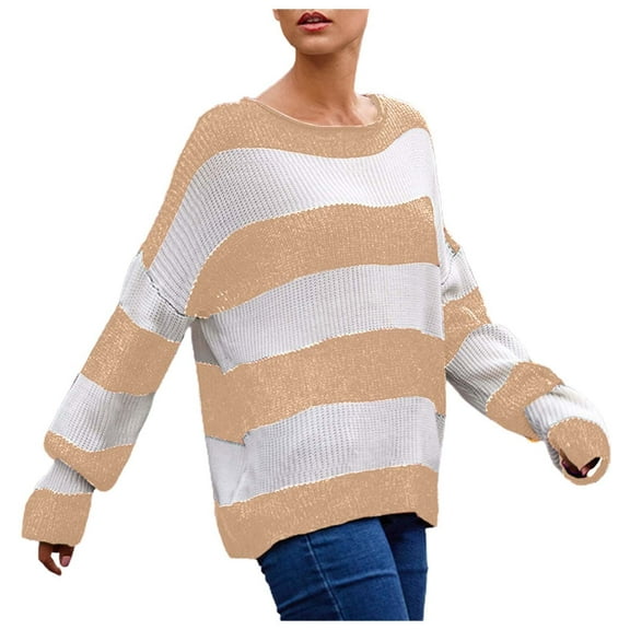 LxrBlank Womens Pullover Sweaters Casual Loose Fit Crew Neck Knit Sweater Long Sleeve Warm Jumper Tops Soft Women Sweater Khaki XL