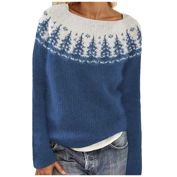 LxrBlank Womens Thickened Jacquard Knitted Sweater Autumn Winter Coarse Knit Ribbed Pullover Tops Long Sleeve L