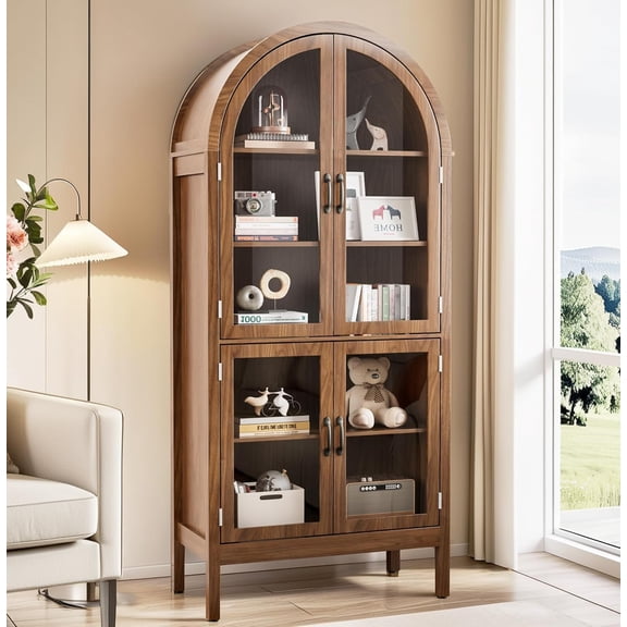 Lxsxlome Arched Bookcase, 70.9'' Tall Arch Bookshelf with Acrylic Glass Doors, 5 Shelf Bookcase, Freestanding Storage Organizer Display Cabinet for Living Room (Walnut, 70.9''H)