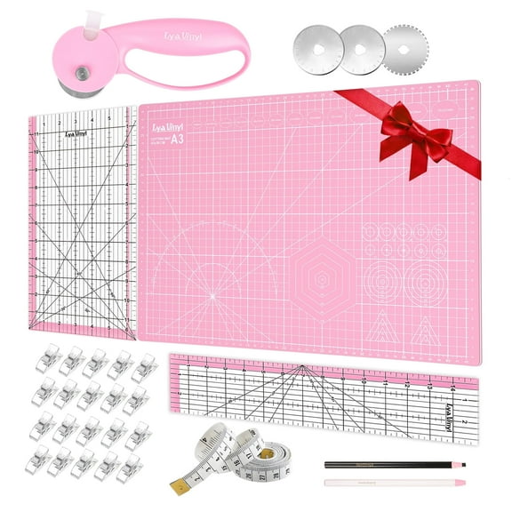 Lya Vinyl Rotary Cutter Set- 45mm Fabric Cutters Set with A3 Self Healing Cutting Mat, Acrylic Ruler and Sewing Clips, Craft Knife, Ideal for Crafting, Sewing, Patchworking