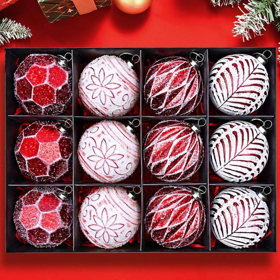 Lyacmy 12 Pcs Christmas Ball Ornaments Set, 3.15 Inches Red White Shatterproof Ball Hanging Ornament with Pre-Tied Strings for Christmas Tree Decorations
