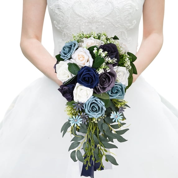 Lyacmy Wedding Bouquets for Bride Bridesmaid, 15.4 Inch Blue Artificial Roses Flowers Wedding Decoration