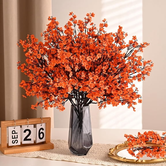 Lyacmy 15Pcs Artificial Fall Flowers Fake Flowers Babys Breath, Silk Flowers Orange Gypsophila Bouquets Fall Stems Floral Arrangement Fall Decor