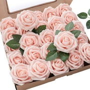 Lyacmy 16Pcs Artificial Flowers Real Looking Blush Foam Fake Roses with Stems for DIY Wedding Bouquets Bridal Shower Centerpieces Party Decorations