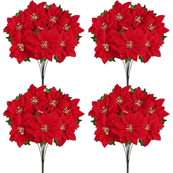 Lyacmy 17inch Artificial Poinsettia with Golden Stamen, 4pcs Red Velvet Poinsettia Flower Christmas Bouquet Decorations Home Decor