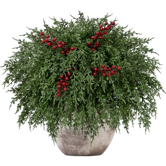 Lyacmy 18 Pcs Christmas Artificial Norfolk Pine Branches Picks with Red Berry Stems for DIY Vase Greenery Christmas Decorations
