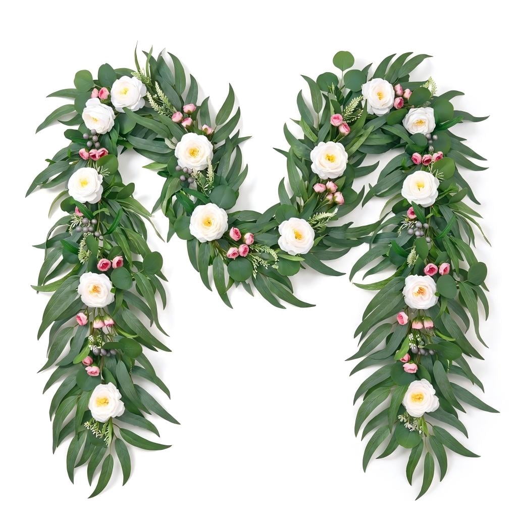 Lyacmy 12Ft Artificial Rose Flower Garland Greenery, Fake Silk Camellia Rose Vine Hanging Rose for Wedding Party Mantle Backdrop Room Decor