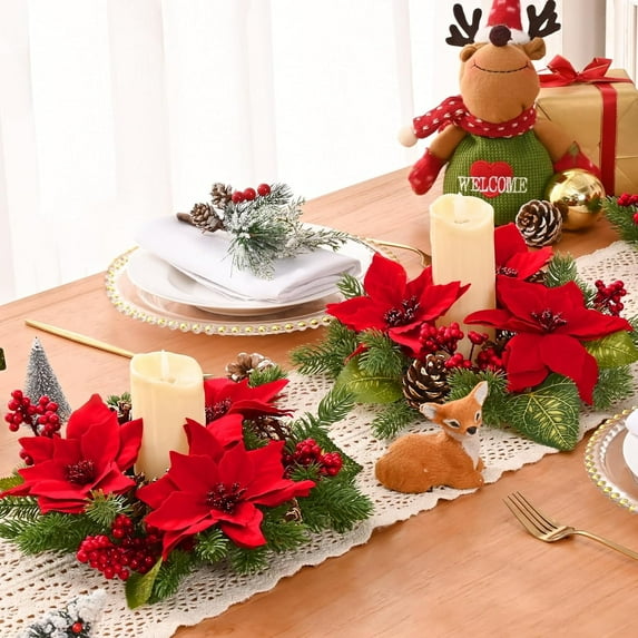 Lyacmy 2 Pcs 12 Inch Christmas Candle Rings Wreath for Pillar Candle, Artificial Poinsettia Christmas Candle Holder for Table Centerpiece Holiday Decor