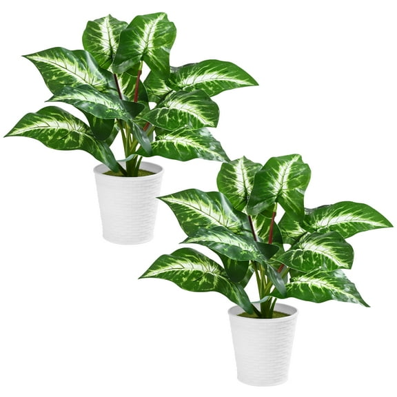 Lyacmy 2 Pcs Dieffenbachia Artificial Plants in Ceramic Pot, Green Potted Fake Plants Decor for Home Office Table Desk