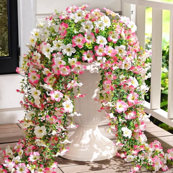 Lyacmy 2 Pcs Artificial Hanging Flowers for Outdoor Spring Decor, White Pink UV Resistant Fake Flower Petunias for Outdoor Garden Porch Patio Wedding Decor