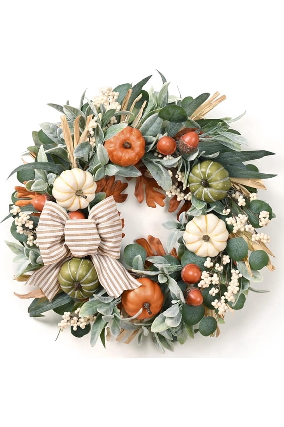 22 Inch Fall Wreaths for Front Door, Farmhouse Autumn Wreath with Bow Pumpkin Decorations Fall Door Wreath Outdoor Indoor Thanksgiving Harvest Fall Decor