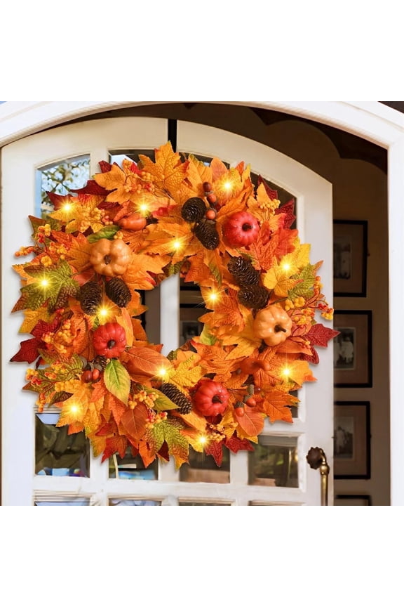 22 Inch Lighted Fall Wreaths for Front Door Fall Decor, Pumpkins Maple Leaf Autumn Wreath with Pinecones Thanksgiving Fall Decorations for Home