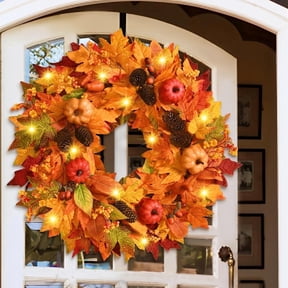 Lyacmy 22 Inch Lighted Fall Wreaths for Front Door Fall Decor, Pumpkins Maple Leaf Autumn Wreath with Pinecones Thanksgiving Fall Decorations for Home