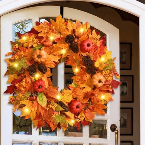 Lyacmy 22 Inch Lighted Fall Wreaths for Front Door Fall Decor, Pumpkins Maple Leaf Autumn Wreath with Pinecones Thanksgiving Fall Decorations for Home