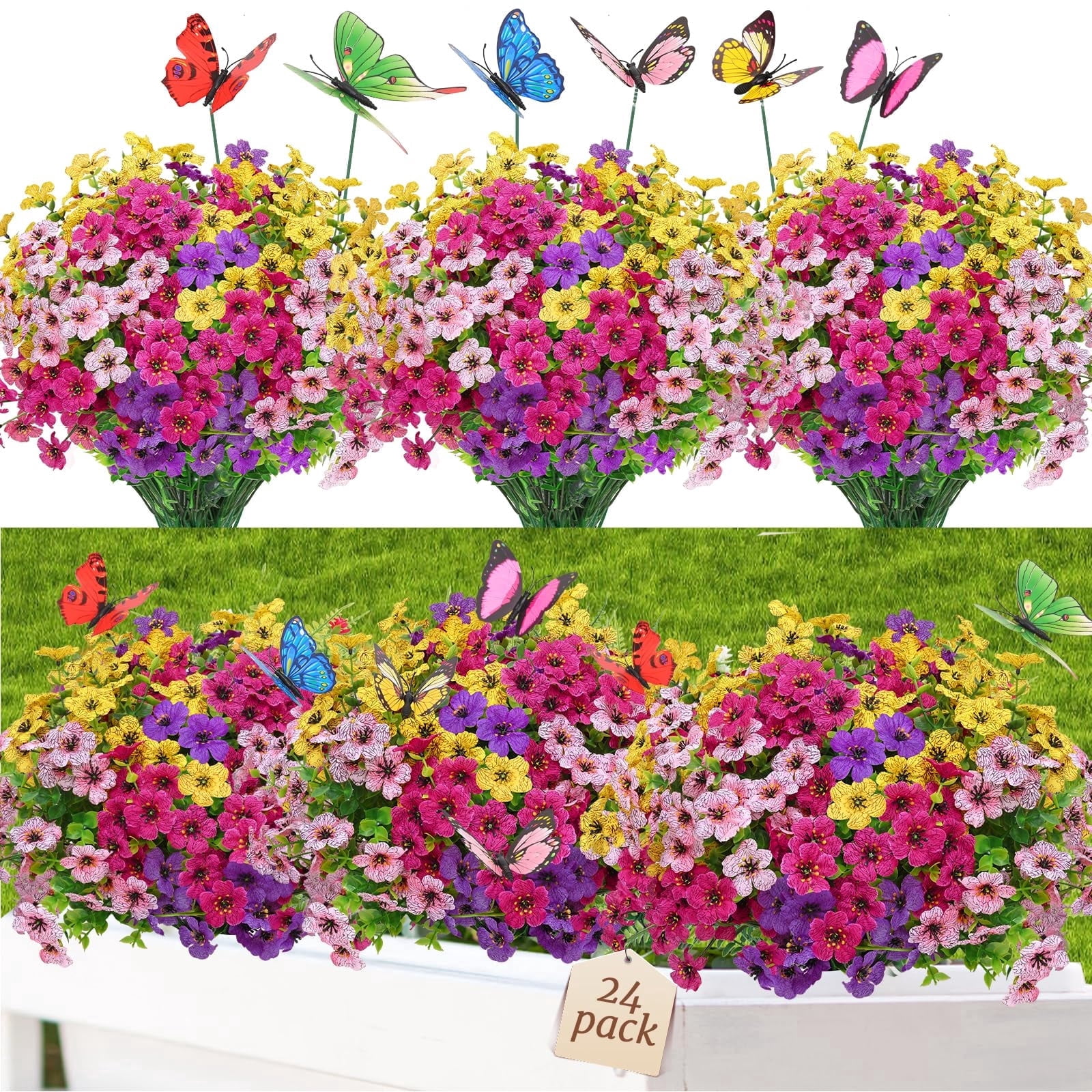 Lyacmy 24 Bundles Artificial Flowers for Outdoors, UV Resistant Fake Outdoor Flowers Plants for Outside Home Garden Porch Patio Yard Decor