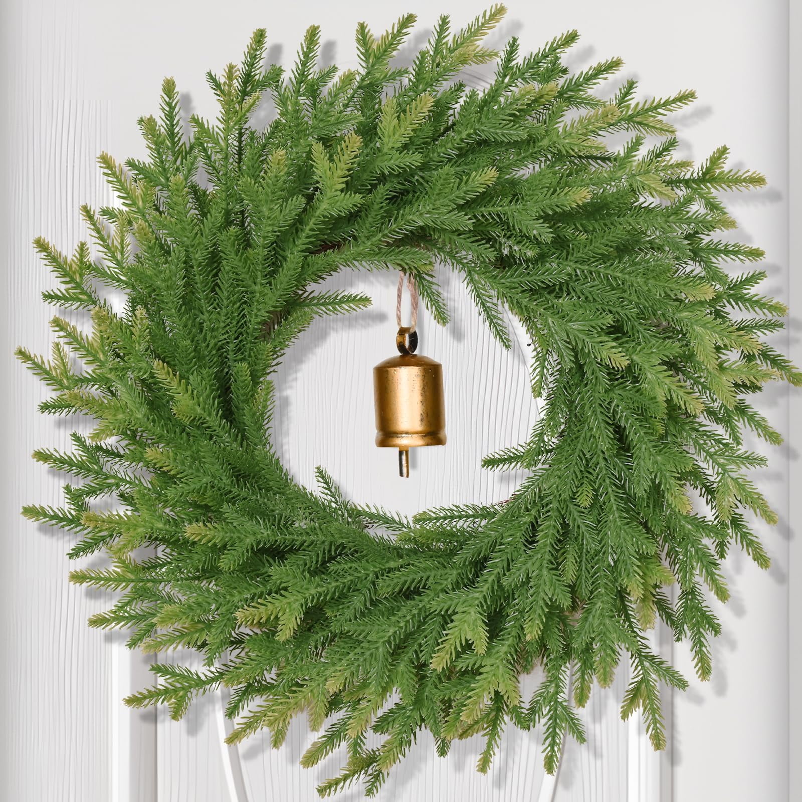 Lyacmy 24 Inch Norfolk Pine Pre-lit Christmas Wreath for Front Door, Green Artificial Xmas Wreaths for Outdoor Christmas Decoration