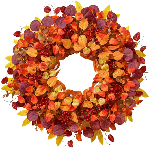 Lyacmy 26 Inch Fall Wreaths for Front Door, Farmhouse Autumn Door Wreath with Eucalyptus Leaf Berrie Thanksgiving Harvest Fall Decor