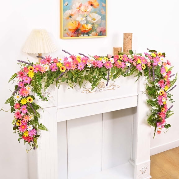 Lyacmy 6ft 2pcs Flower Garland Valentines Day Decorations, Pink Artificial Roses Garland Flower Wall Backdrop
