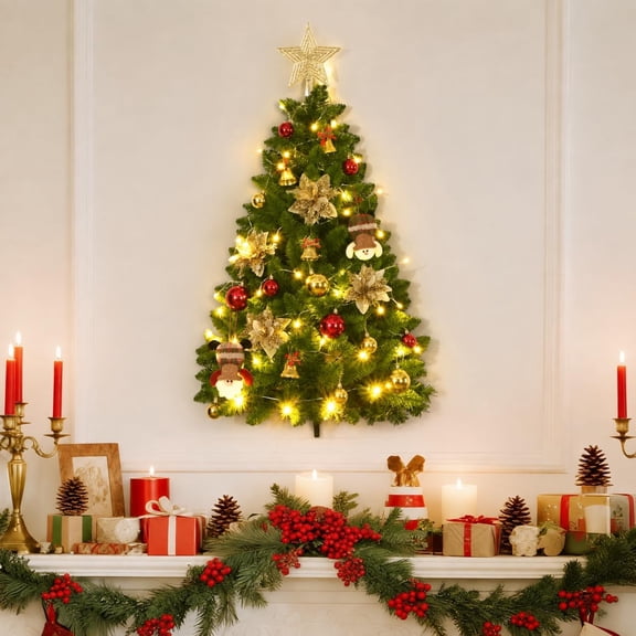 Lyacmy 3 FT Wall Christmas Tree with Lights, Dark Green Half Chrismas Tree for Wall Xmas Indoor Home Christmas Decorations