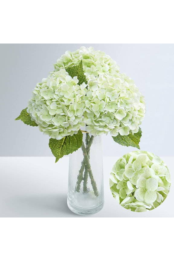 3 Pcs Real Touch Hydrangea Artificial Flowers, 21" Green Fake Latex Hydrangea with Stems Leaves Full Hydrangea Flowers Heads Home Decor