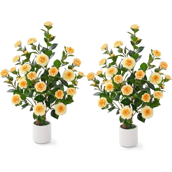 Lyacmy 3FT 2 Pack Yellow Camellia Artificial Tree in Pot, Artificial Plants Indoor Outdoor for Home Decor